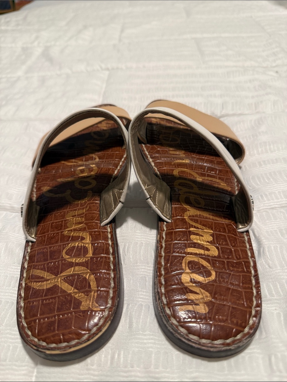 Sam Edelman Two-Band Slide Sandals in Tan, White and Brown Footbed - Picture 4 of 6